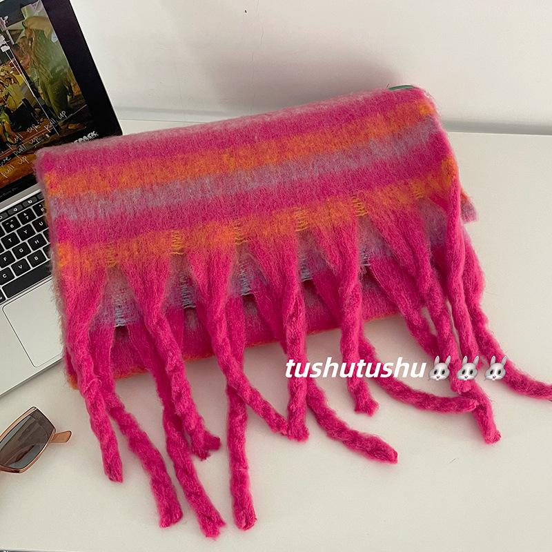 Mohair contrasting colors striped thick braids pulled hair imitation cashmere scarf men's and women's shawls thickened oversized warm scarf winter
