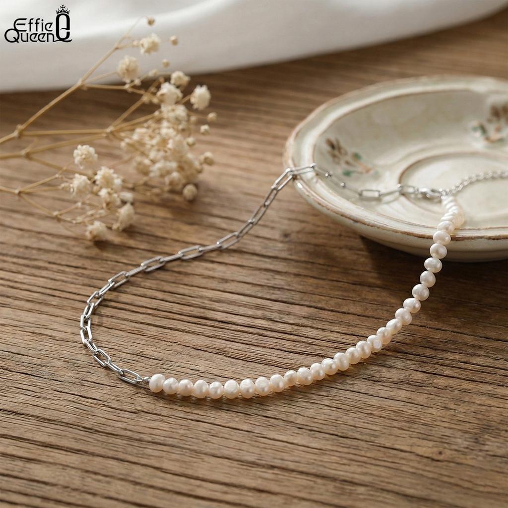 EFFIE QUEEN 925 Sterling Silver Elegant 14K Gold Natural Freshwater Pearls Choker Necklace Paperclip Chain Strand Present GPN13