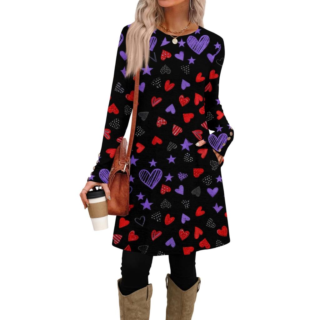 Women's fashion casual pocket decorative button dress round neck long sleeve printed dress
