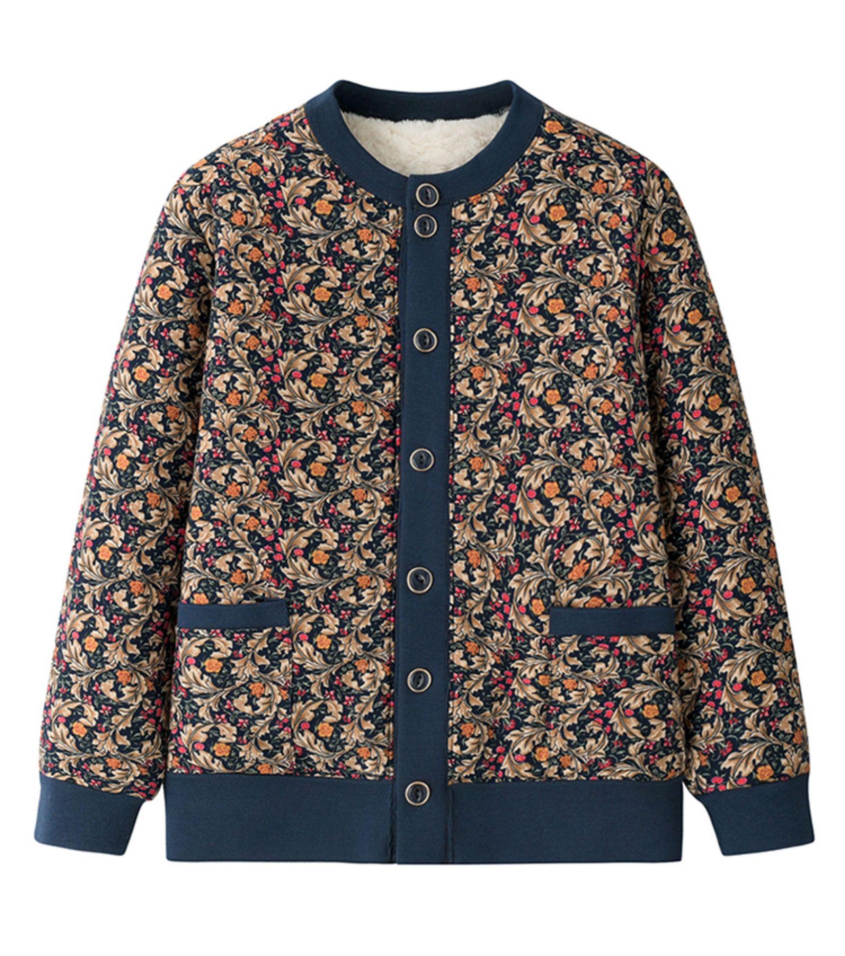 

Mid-Aged & Elderly Women s Autumn/Winter Velvet-Lined Printed Cardigan Coat 4XL (130-145 jin) синий