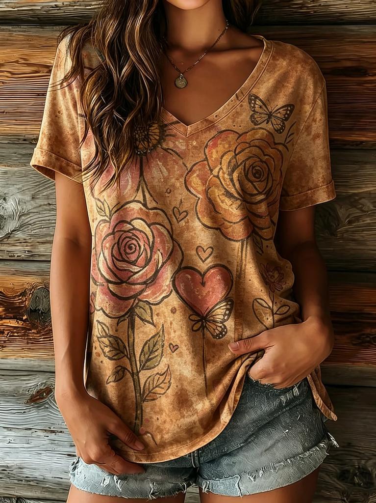 Women's V-Neck Beige Sunflower Rainbow & Hearts Print Short Sleeve T-Shirt, Casual Tops for Spring & Summer
