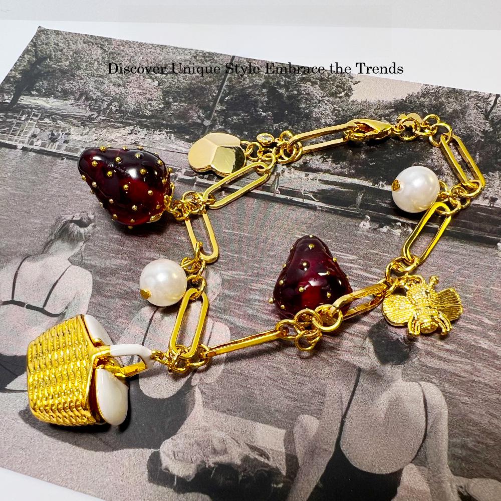 "KS Strawberry Bracelet & Earring Set: Gold-Plated, High-End Design with Fruit Accents"