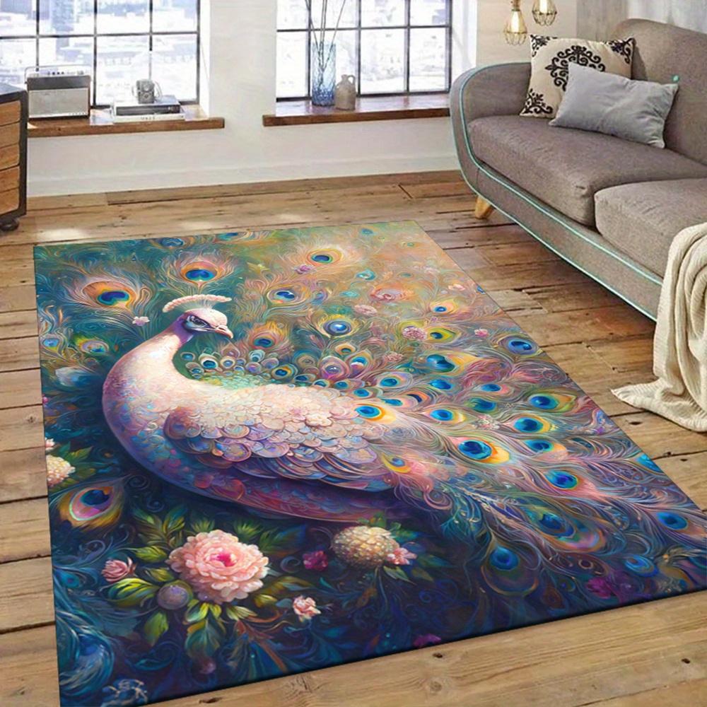 Vibrant White Peacock and Floral Non-slip Area Carpet Crystal Velvet, Large Size, Perfect for Living Room Floor Mats