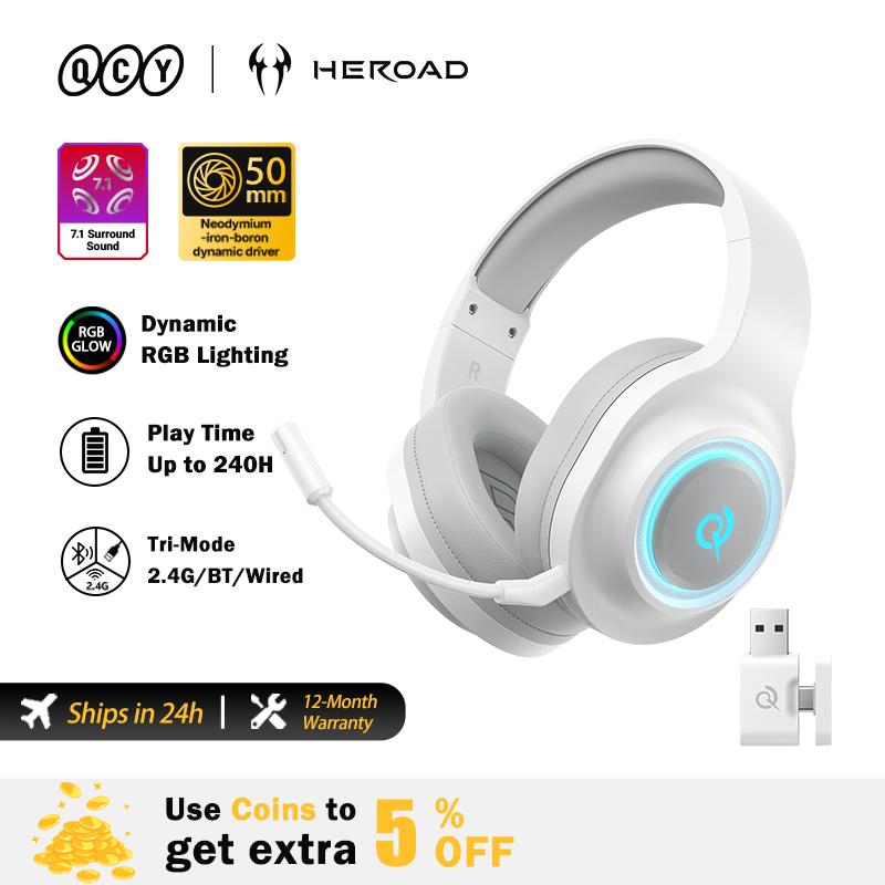 QCY Heroad V200 Wireless Gaming Headset Detach Mic RGB Over Ear Headphone Tri-Mode 7.1 Surround Sound for PC/PS4/5 Headset Gamer