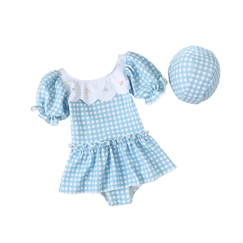 Costum de baie întreg cu carouri de desene animate pentru fetițe