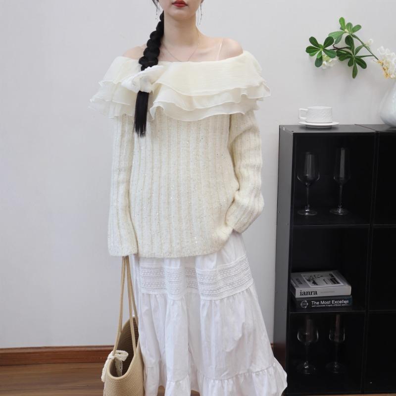 Autumn and winter new models with headrope one-word shoulder ruffle edge knitted sweater top sequined gentle wind sweater pullover woman