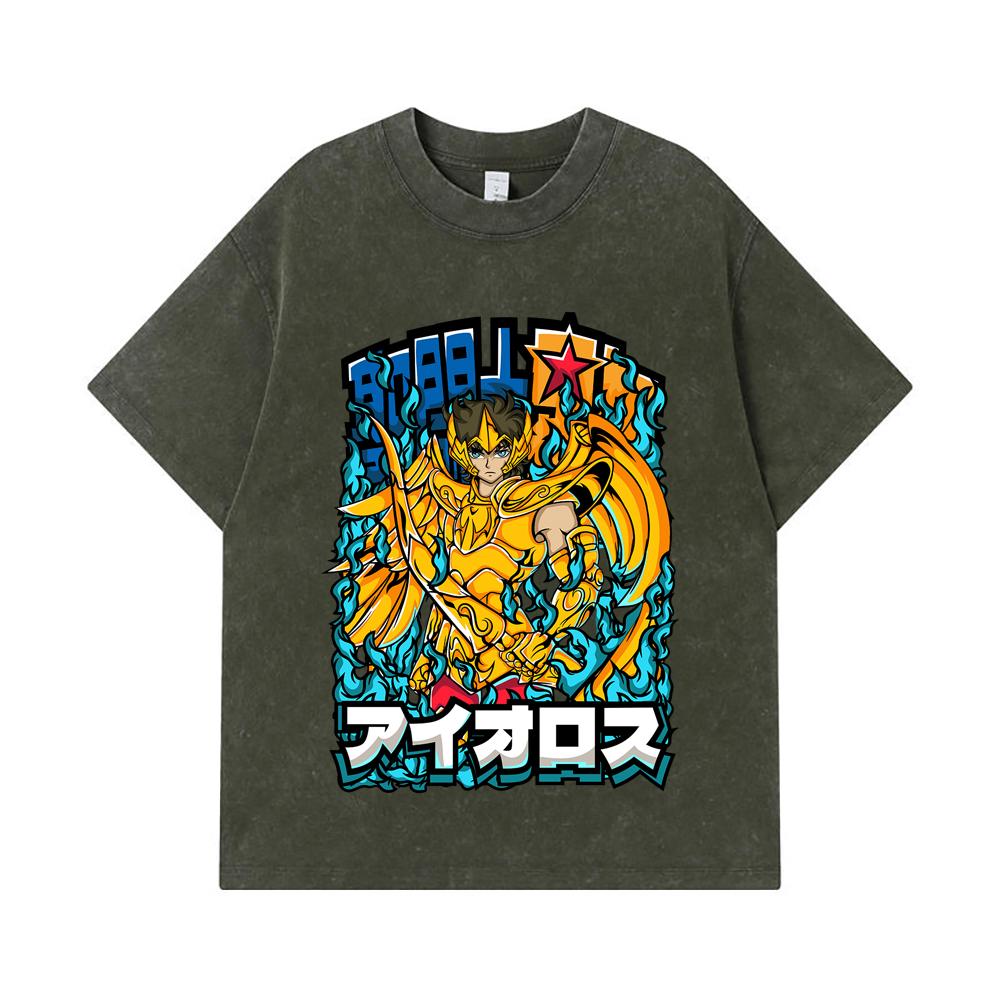 

275 GSM Washed T-shirts 100% Cotton Saint Seiya V12 Aiolos Print Unisex Heavy Cotton T Shirt S армия зеленый