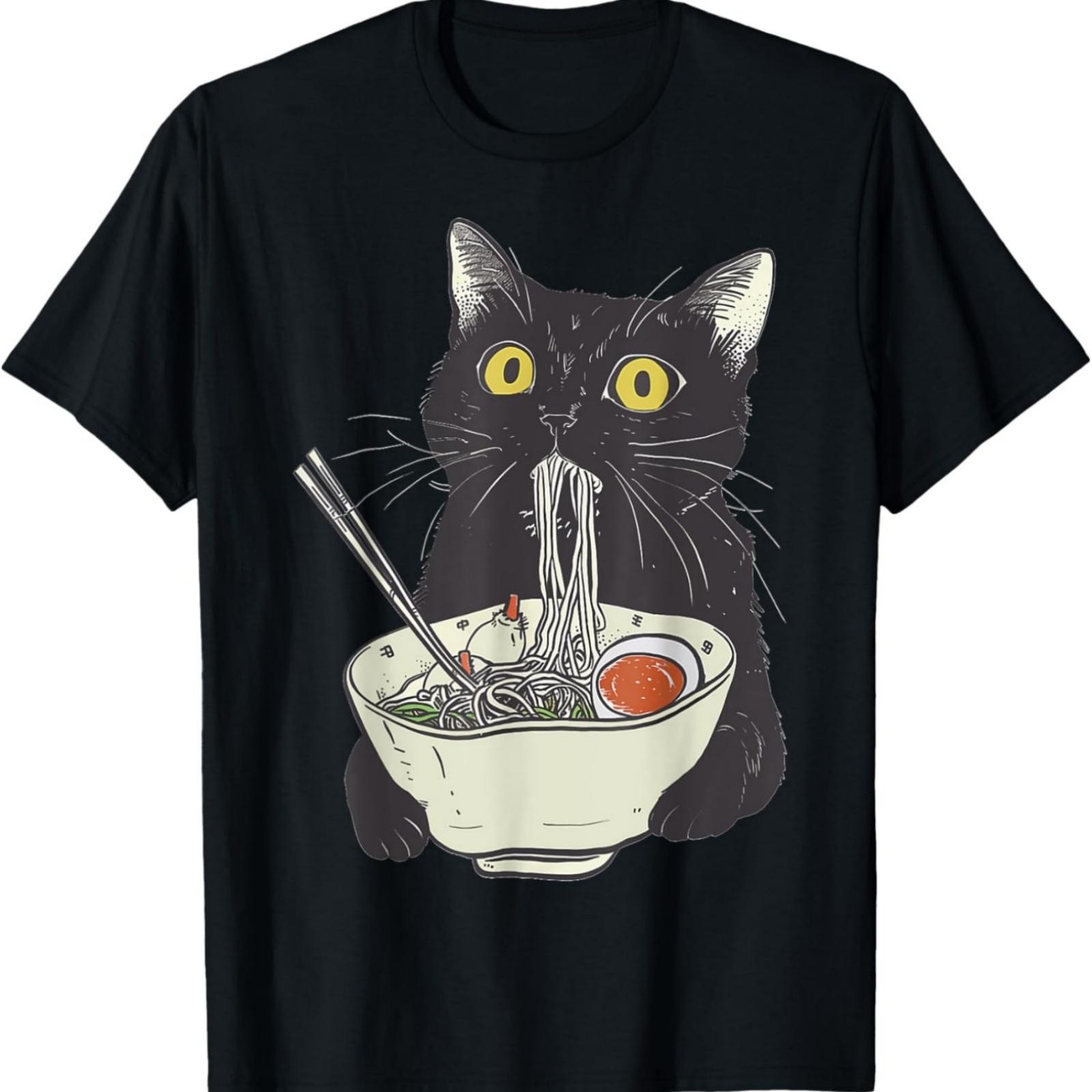 Japanese Cat Funny Cat Eating Ramen Vintage Japanese Noodles T-Shirt S