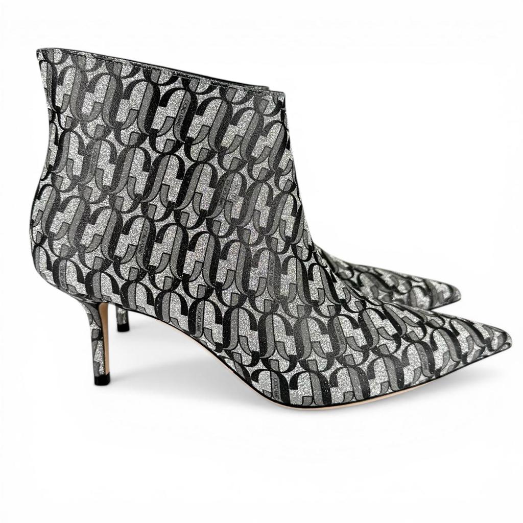 Ausgezeichnete JIMMY CHOO Stiefeletten MARINDA 65 Monogramm Silber Damen 37.5 Gebraucht