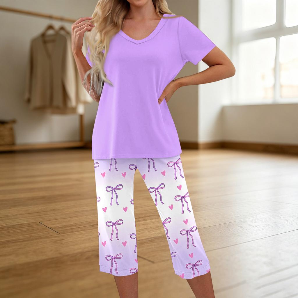 Women's Printed Two Piece Short Sleeve Pajama Set with Pants for Casual Sleepwear