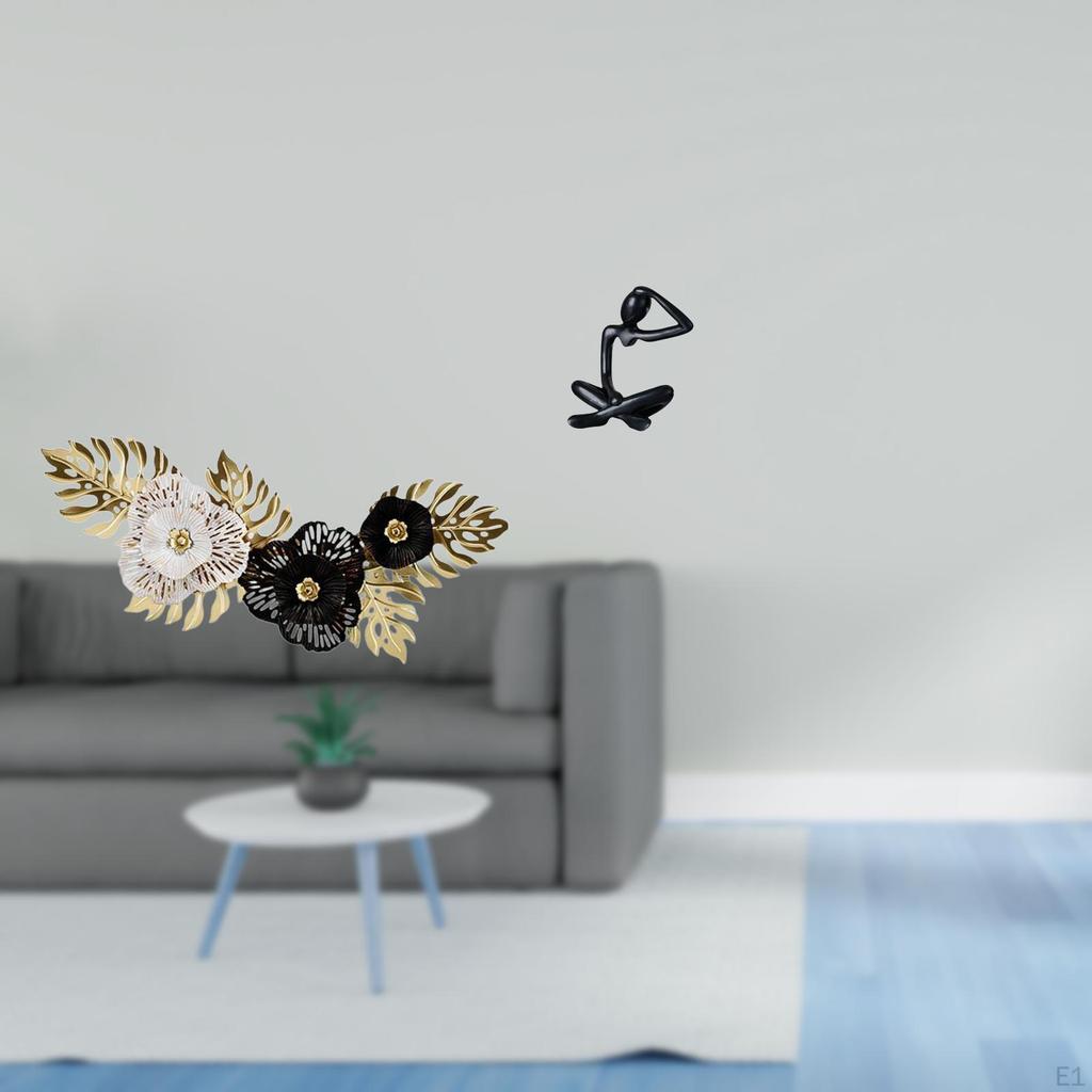 Nordic Metal Wall Art Sculpture Featuring Abstract Thinker Figurine And Decorative Flower Leaves for