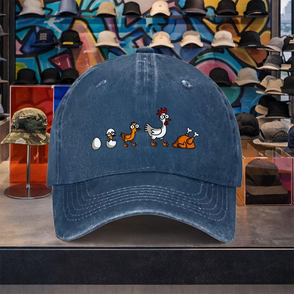 Cartoon Chicken Evolution Baseball Cap Washed Denim Adjustable Outdoor Casual Retro Hat