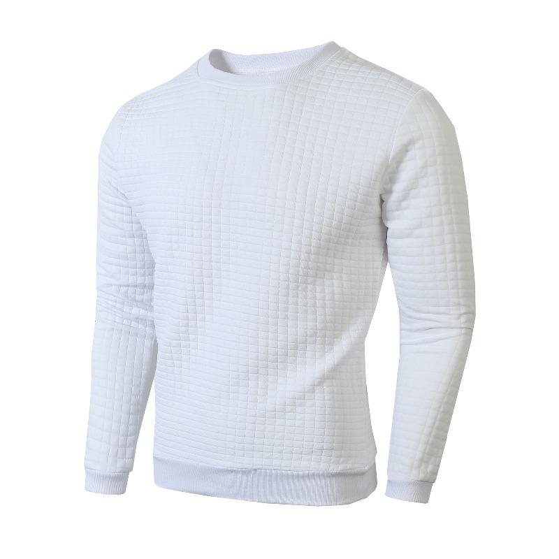 Men's Fall Winter Slim Fit Crew Neck Long Sleeve Sweatshirt, Solid Small Grid Pattern Casual Base Layer Pullover Tops