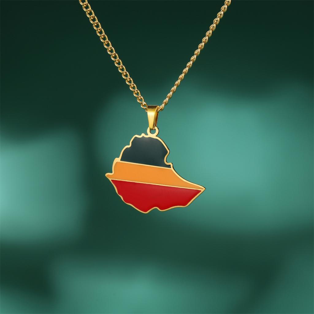  Drip Oil Ethiopia Map Flag Pendant Necklace Women Men Stainless Steel Fashion Ethiopia Patriotic Jewelry Wholesale