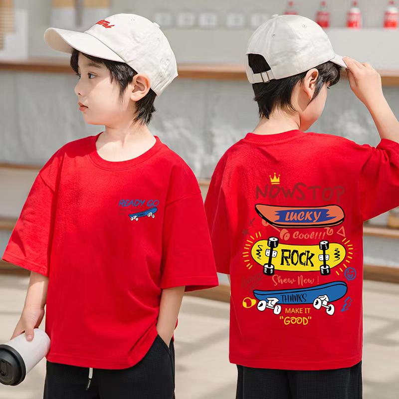 Skateboard pattern design, children s single T-shirt, summer short sleeved cotton casual and comfortable top 120