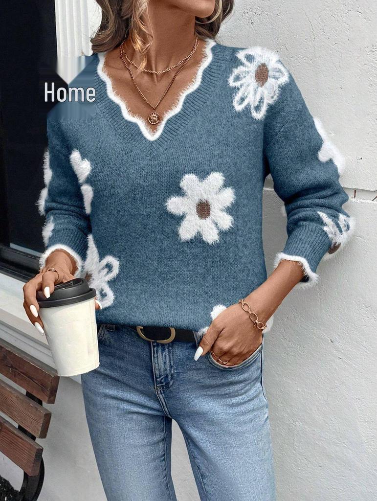 Women's Faux Mink Jacquard Lace Collar Knit Pullover Sweater for Autumn/Winter