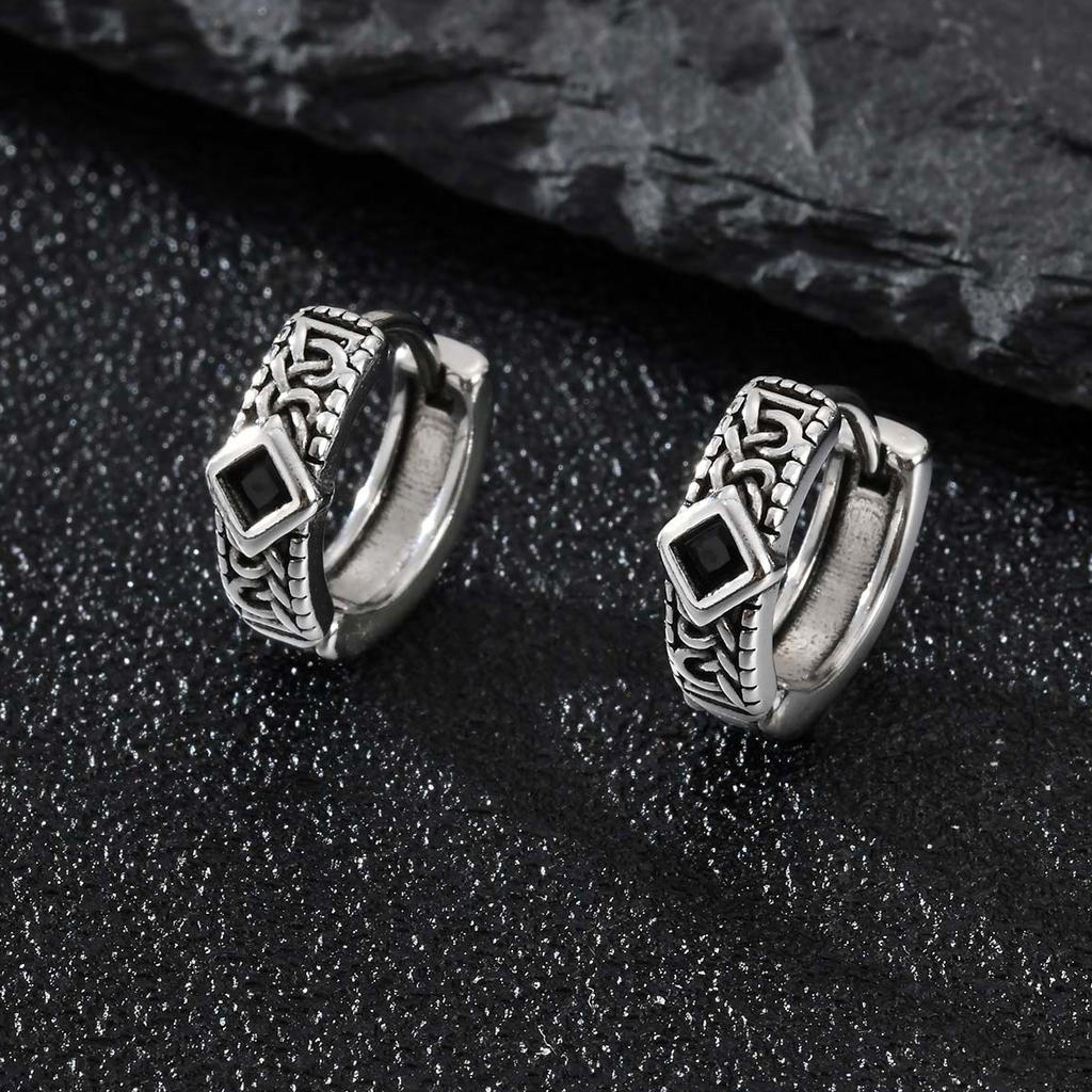 Men's Unique Rhombus Hoop Earrings, Stainless Steel Silver Color Vintage Small Earrings, Punk Gothic Trendy Jewelry for Men Boy