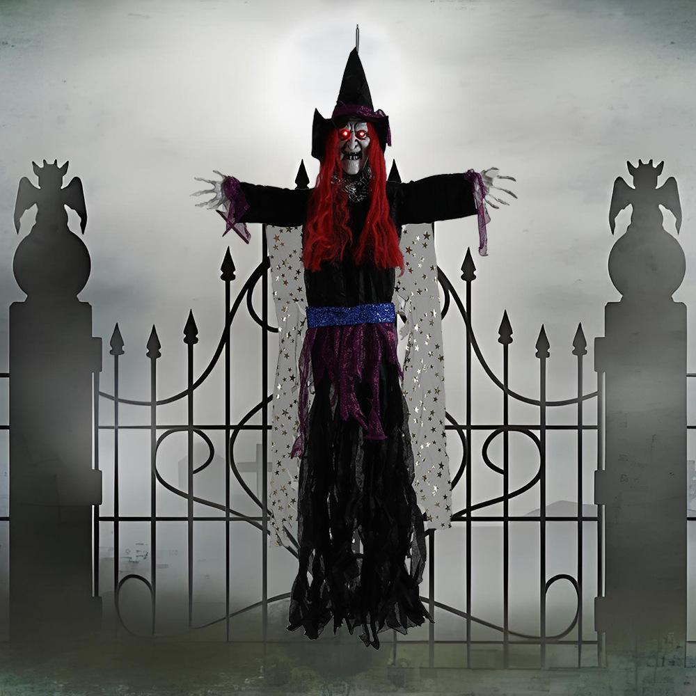 Animated Witch Halloween Decorations Outdoor Indoor Scary Halloween Animatronics Decor Hanging Ghost Talking Sound Activated Led Lights Eyes Haunted