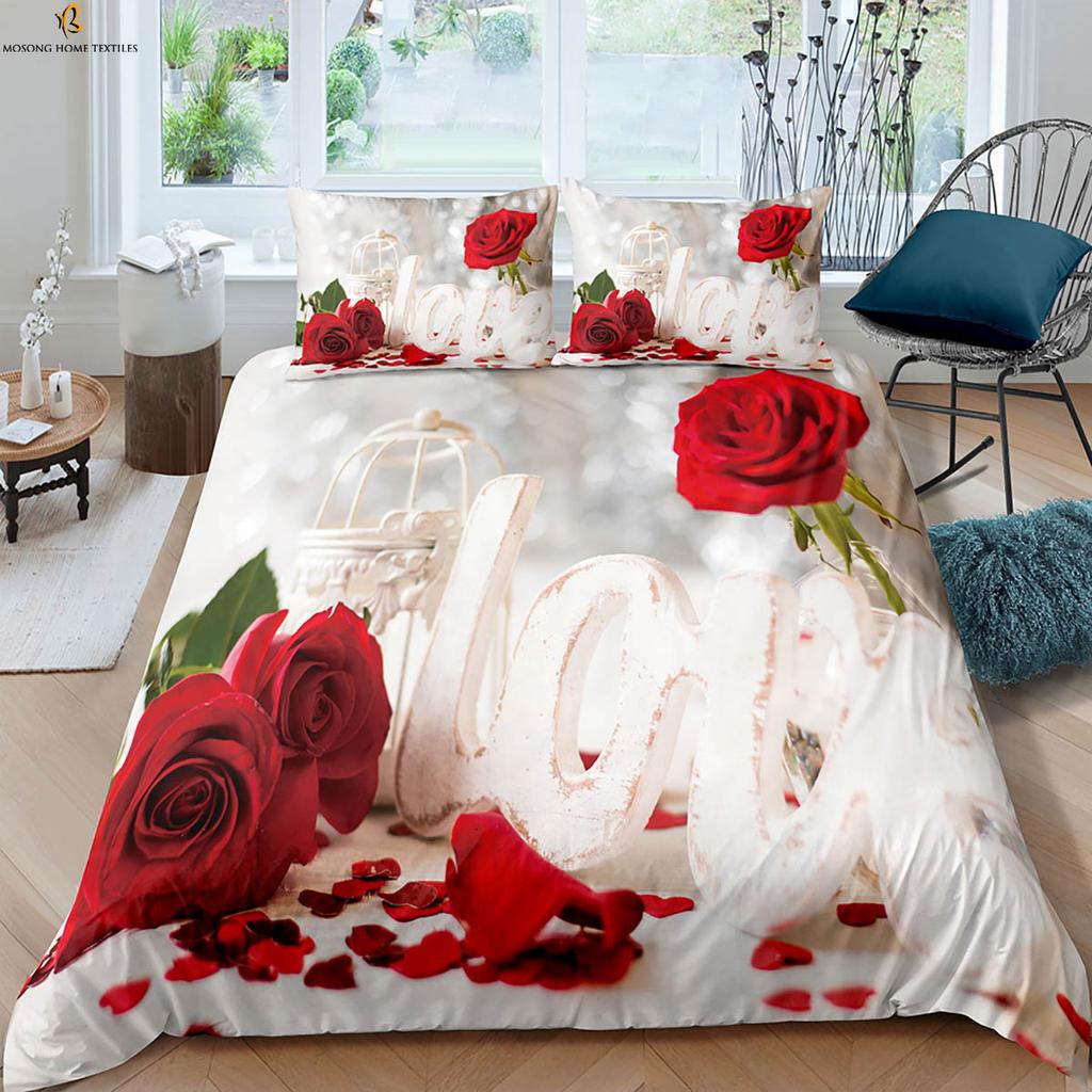 Retro Red Rose 3d Printed Quilt Cover Romantic Gift Bedding Set Quilt Cover Pillowcase Three-Piece Set 100% Polyester