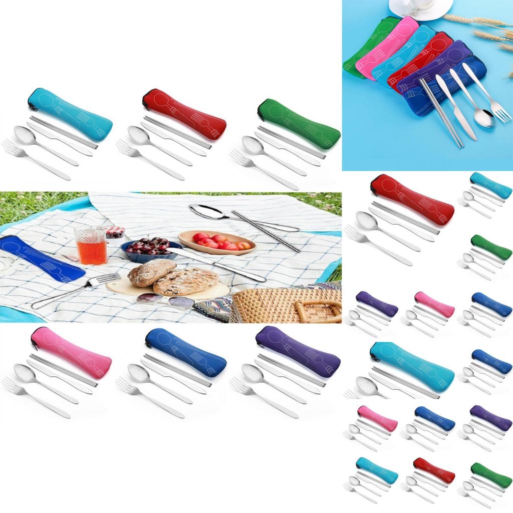 Elegantní nerezová sada příborů na cestování a kempování s barevnými variantami (nůž, vidlička, lžíce, hůlky)