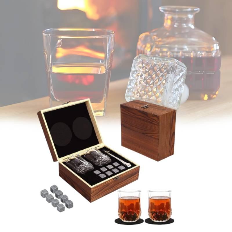 Luxurious Brown Granite Whisky Glasses Set With Whiskey Stones And Wooden Box