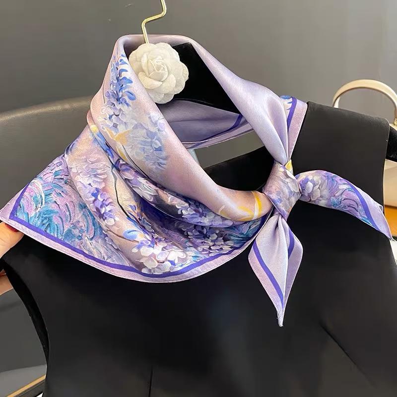 Women's Retro Fashion Mulberry Silk Feel Square Scarf - Summer Faux Satin, Sun Protection, 90cm