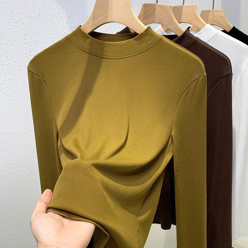Threaded bottomed shirt women's 2025 new European women's clothing temperament stand-up collar long-sleeved t-shirt waist and elastic top