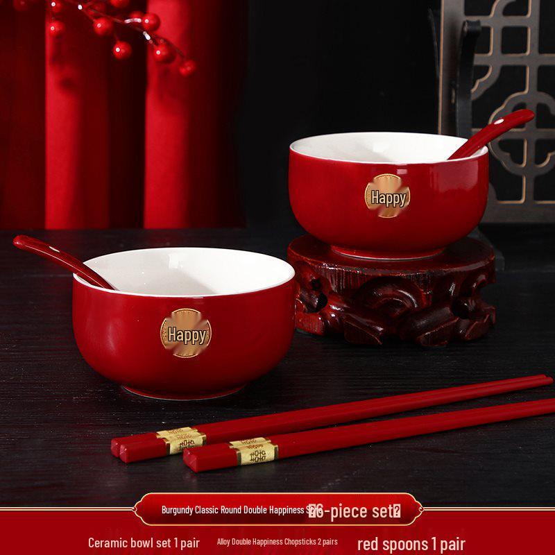 Красный свадебный чайный набор: Набор для тостов, дарственный набор: пара мисок, чашек, палочек для еды и чайной посуды