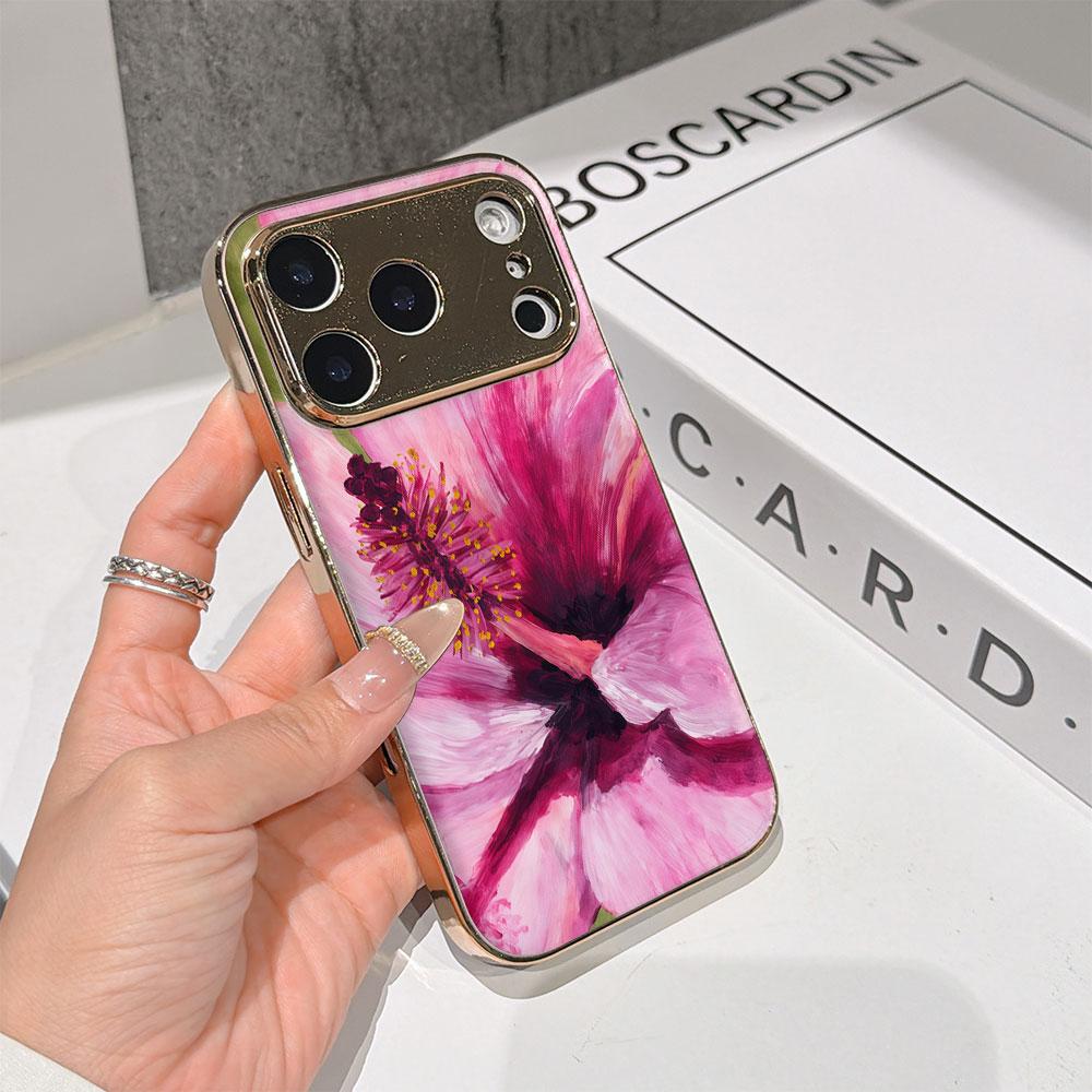 Lucky Start Phone Case For iPhone 17 16 15 14 13 12 11 Pro Max 16E Gold Electroplated glass shell Blush Hibiscus Cover