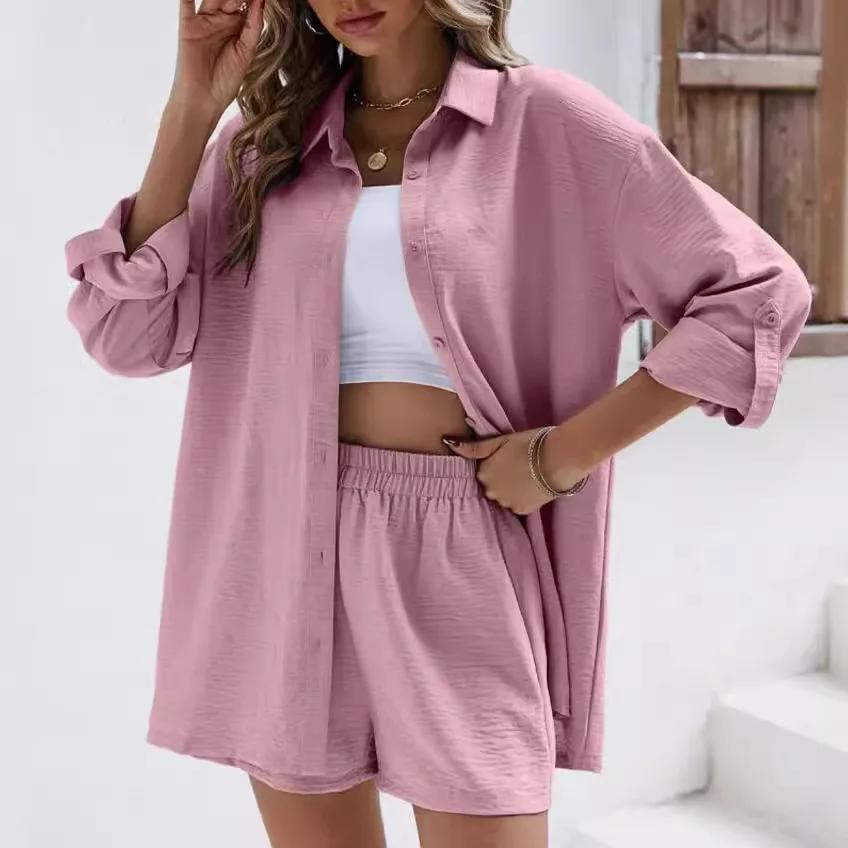 Fashionable Casual Suit Women's Clothing Spring Solid Color Lapel Long Sleeve Shirt High-Waisted Shorts Elastic Waist Skirt