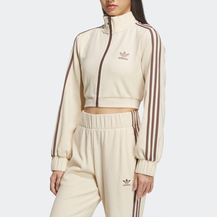 Adidas Originals Trefoil Stripe Zip-Up Stand Collar Short Jacket Women Outerwear Beige IP3005