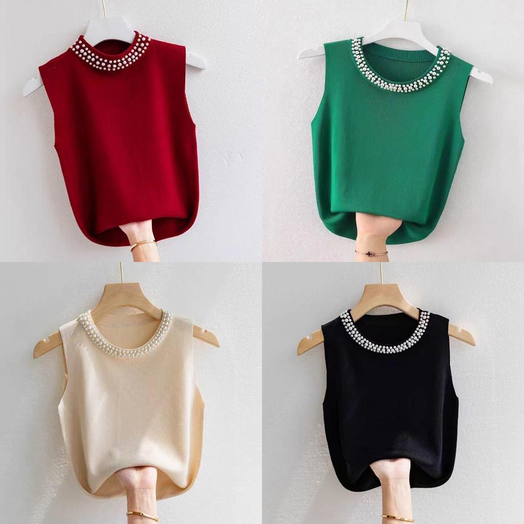 Summer Womens Knitted Tank Top With Pearl Embellishments For Casual Wear