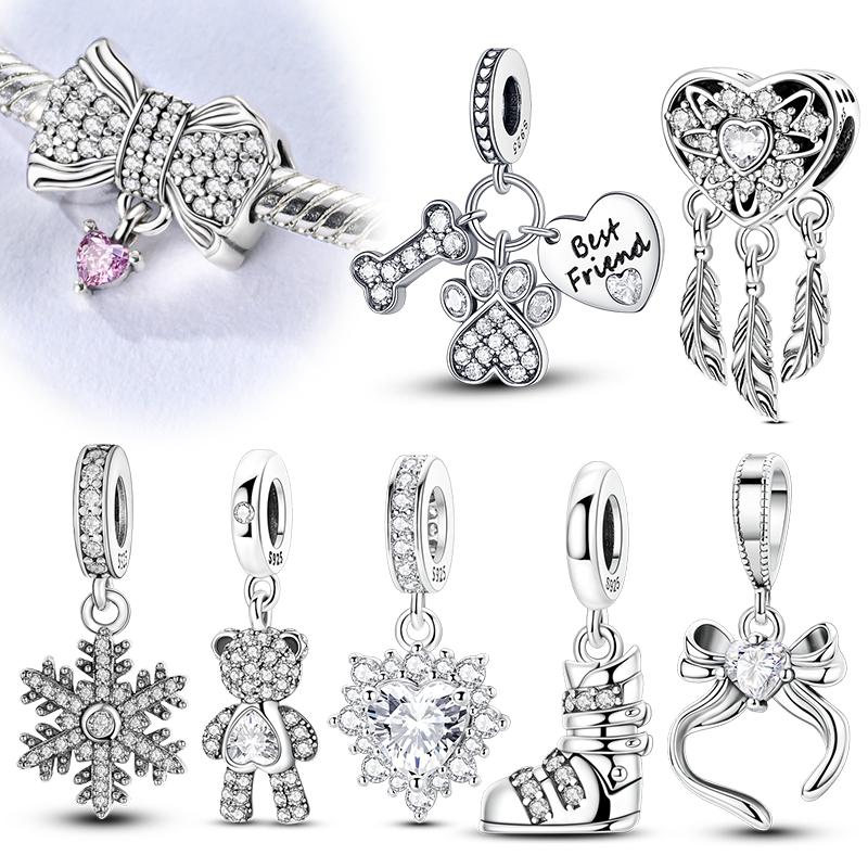 925 Silver Boot Bow Bears Snowflake Pendant Beads Fit  925 Bracelet DIY Jewelry Making Gift for Women