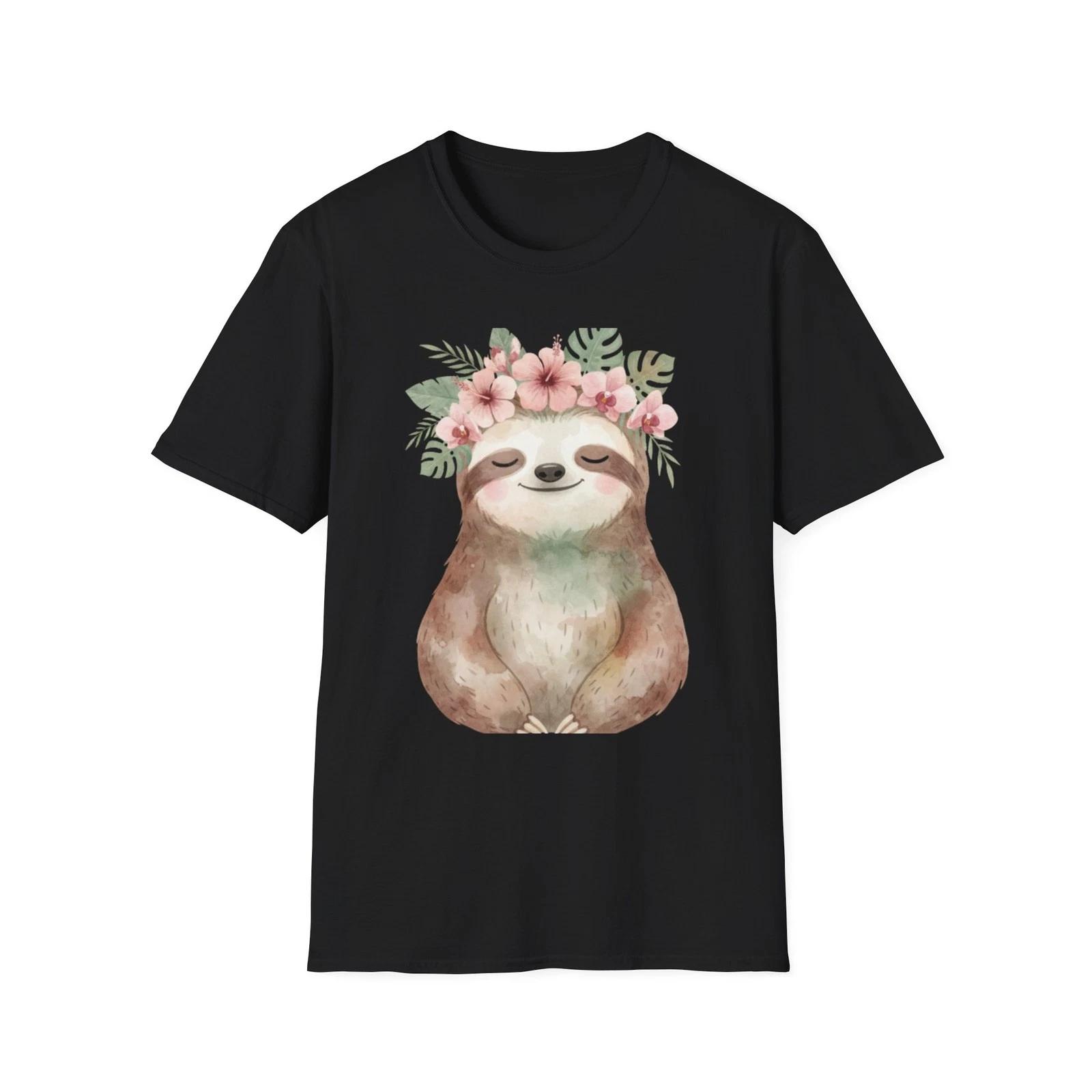 Sloth Floral Watercolor Cute Boho Black Tee Nature Aesthetic T-Shirt 4XL