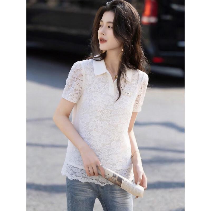 Women s Lace Puff Sleeve Lapel T-Shirt XL
