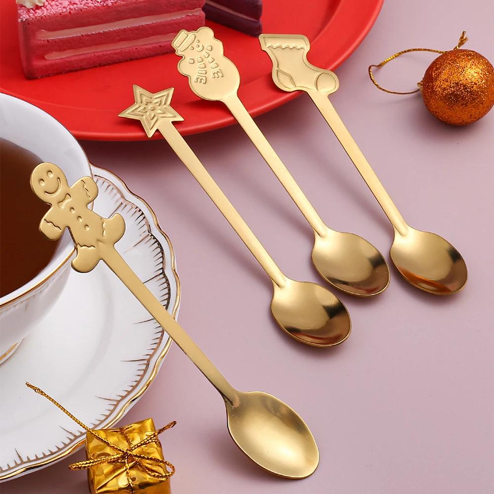 4Pcs Christmas Gift Elk Christmas Tree Dessert Spoon Cutlery Spoon Set Fruit Coffee Spoon Cutlery Wed Christmas Gift