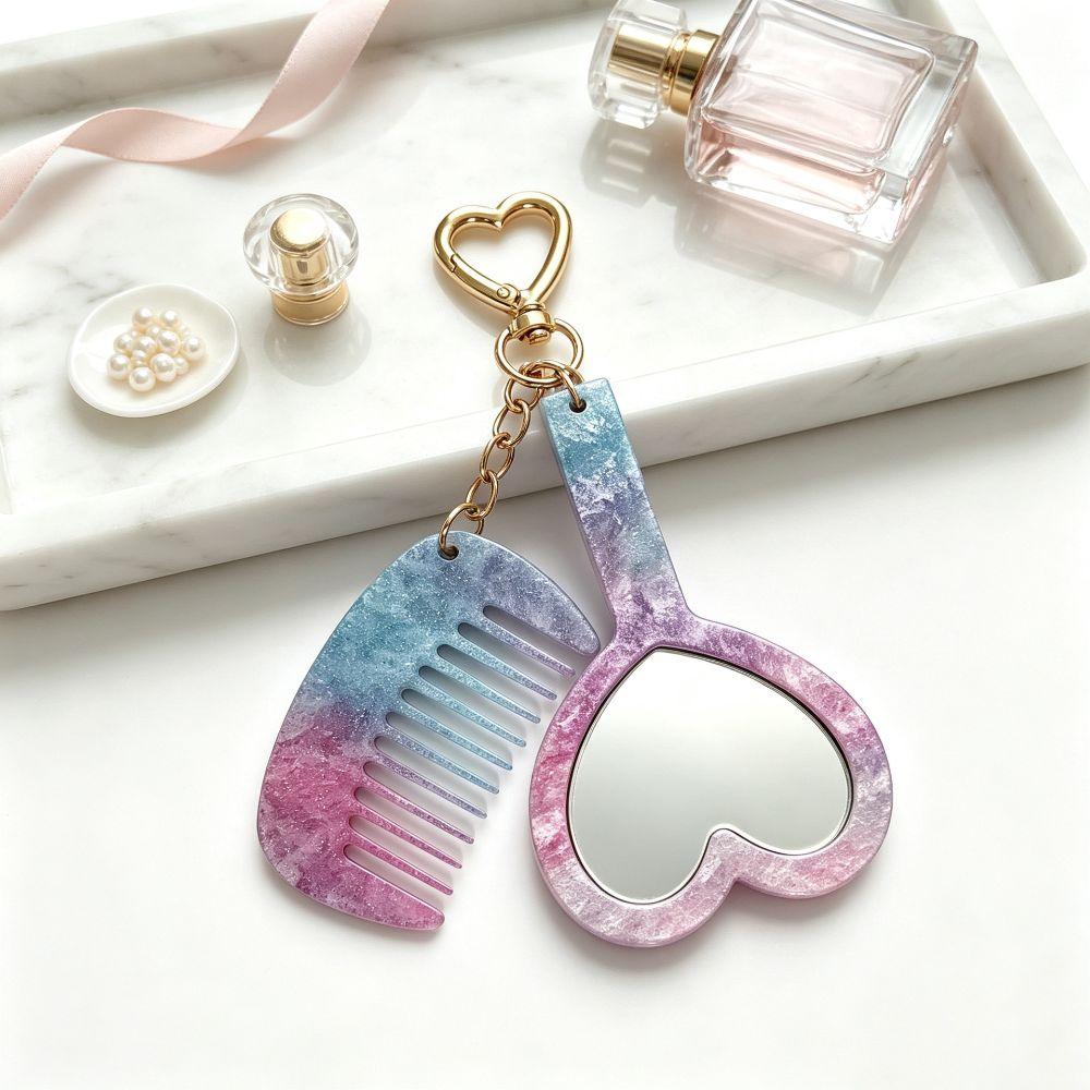 Acetate Material Grooming Keyring Heart Shaped Mirror Bag Hanging Charm Daily Carry Use