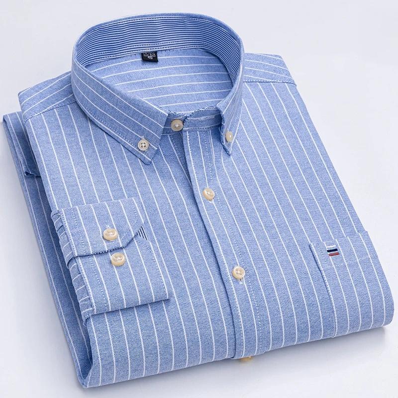 Men Social Shirts Long Sleeve 100% Pure Cotton Oxford Soft Buttoned Plaid Formal Male Clothes Oversized Shirt Plus Size 6XL 7XL