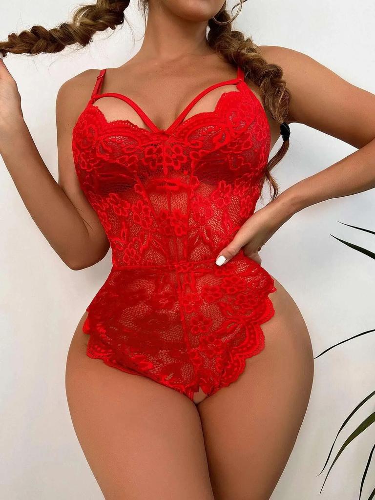 Women Sexy Lace See Through Nightie Bodysuit Halter Sexy Lingerie Backless Perspective Crotchless Jumpsuit Female Mini Skirt