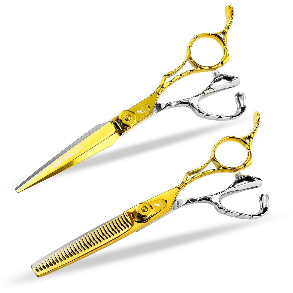 Tesoura de Cabelo Neptune Beauty Dourada Brilhante de 6,0 Polegadas com Cabo Dentado, Tesoura de Cabelo Tesoura Dentada, Fina