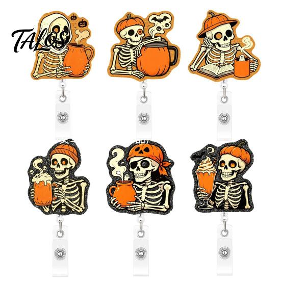 Personalized Badge Holder Halloween Retractable Reel, Skeleton And Pumpkin Design, Acrylic ID Card Office Id with Sturdy Metal Clip for Nurses