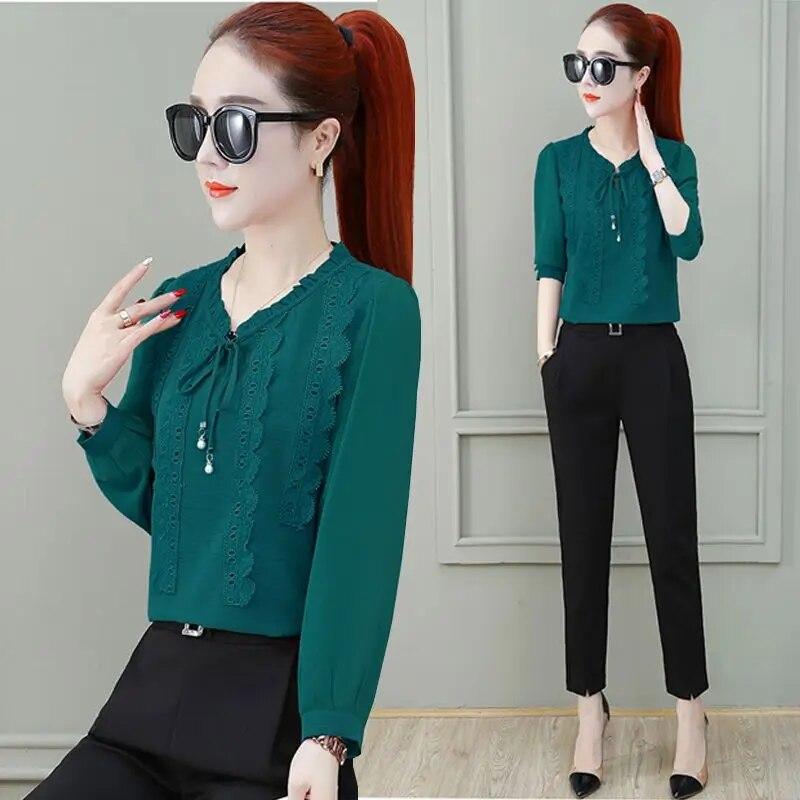 Spring Autumn New Loose Chiffon Shirt Korean Long Sleeved Bottoming Top Women's Lace Ruffled Collar Blouse M-4XL