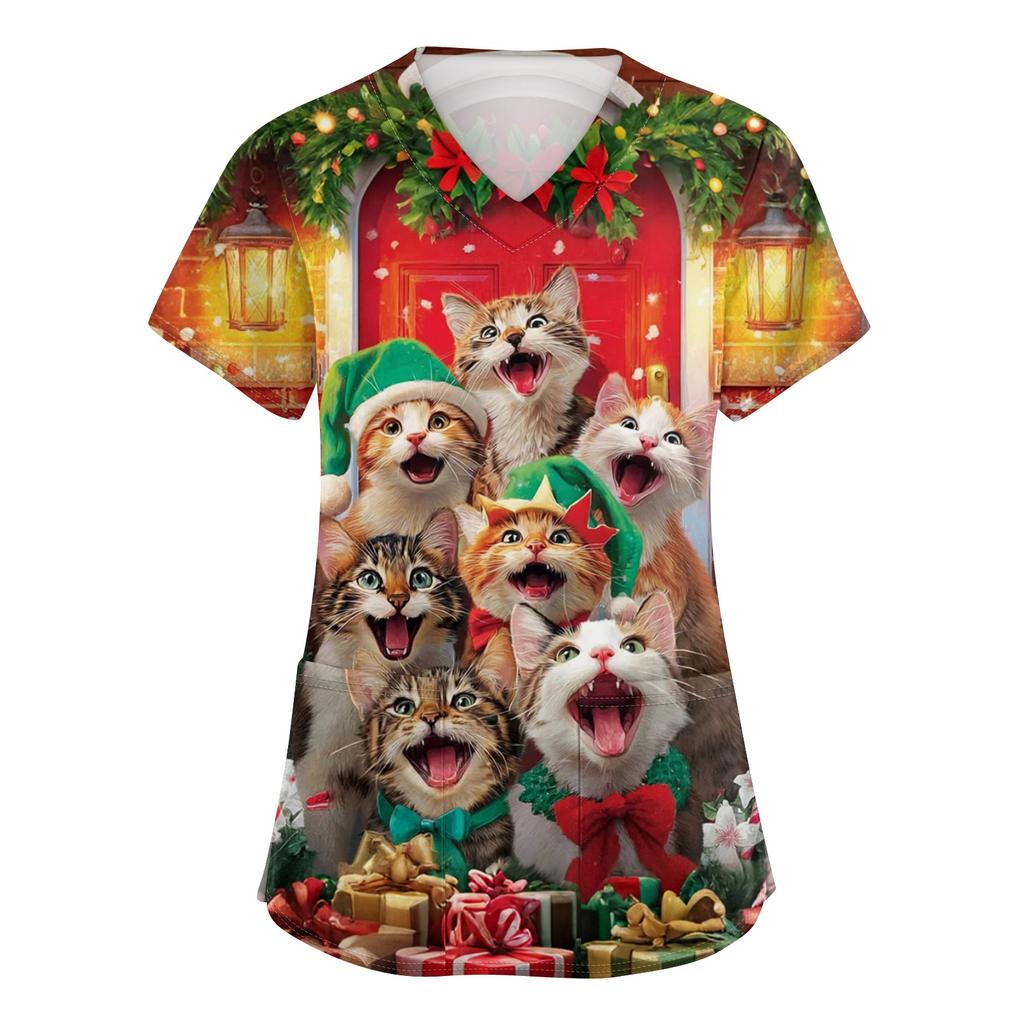 Women's V-neck Christmas printed short-sleeved pocket side-slit protective suit top