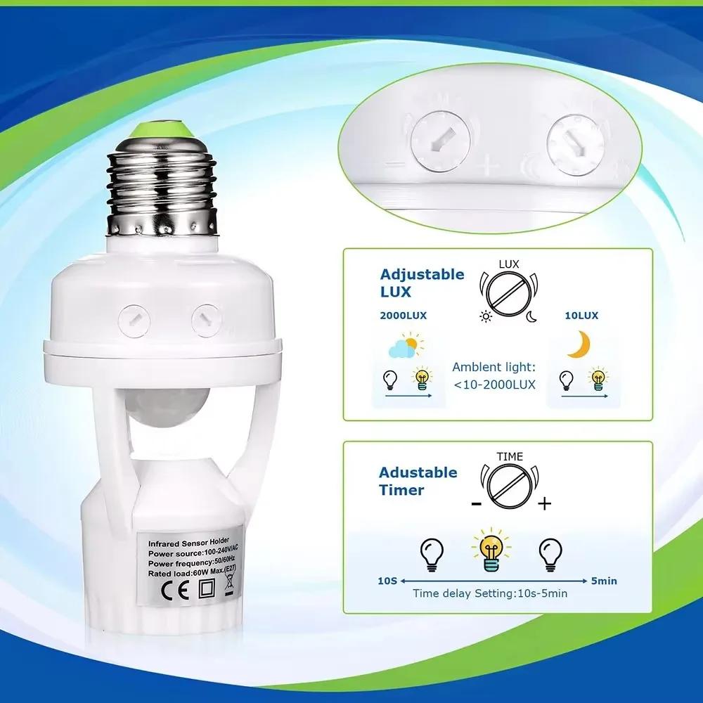 New Adjustable Intelligent Induction Switch Delay Wiring-free E27 Screw-type Pir Motion Sensor Human Body Induction Lamp Holder