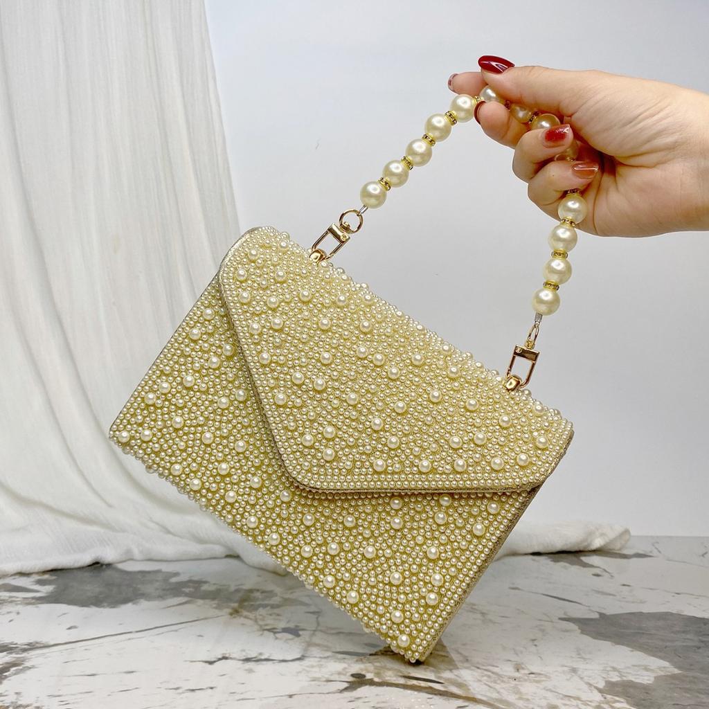 Pearl Chain Shoulder Bags Luxury Purse Gold Bright Silk Evening Bag Women Elegant Fashion Banquet Clutch Female Handbag