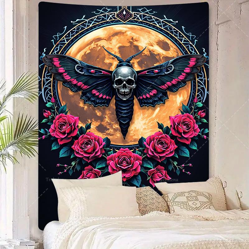 1pc Wall Tapestry Skull Moth Tapestry with Roses and Full Moon, Gothic Boho Wall Art Decor