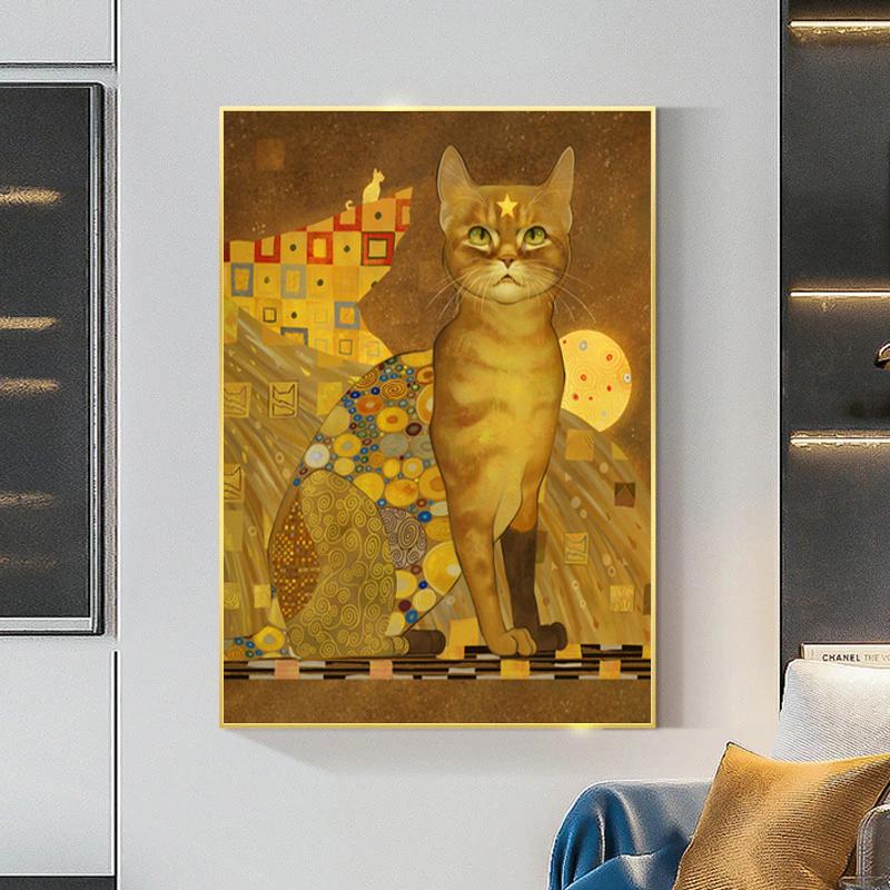 Gustav Klimt Cat Canvas Paintings Yellow Retro Animal Posters and Print Wall Art Picture for Living Room Home Decoration Cuadros