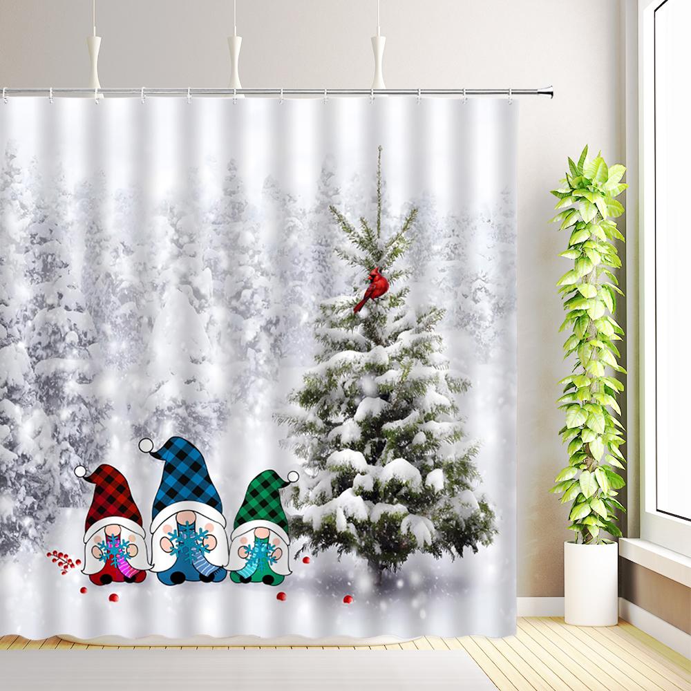 Christmas Shower Curtain Red Vintage Truck Snowman Xmas Tree Winter Forest Birds New Year Rustic Retro Farmhouse Bathroom Decor