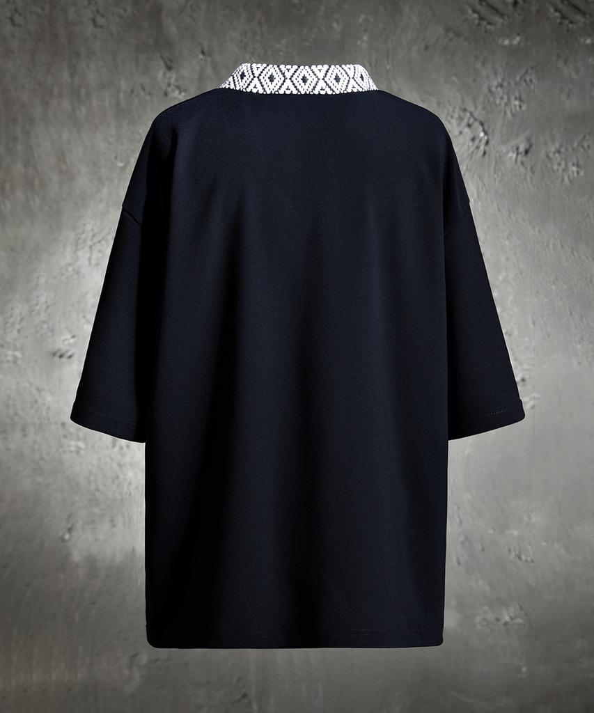 Kileutimuka Embroidered Ethnic Rope Diagonal V-Neck Short Sleeve Tee Black