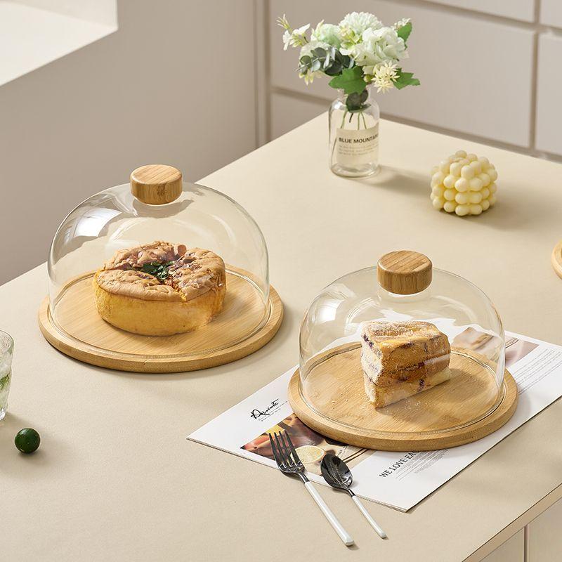 Simple Wood Round Fruit Dessert Tray Retro Bamboo Wood Cake Tray Home Living Room Table Fruit Snack Dessert Plating Glass Cover